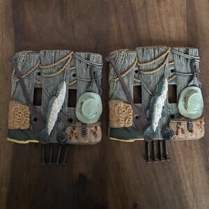 Lot 2 Outdoor Rustic Cabin Fishing 3D Double Wall Switch Cover Plate w/ Screws